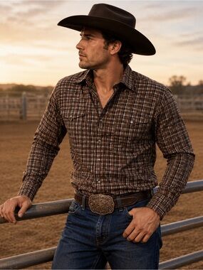 Wrangler Brown Plaid Western Snap Shirt | Retro Cowboy Workwear‎ Style M/L
